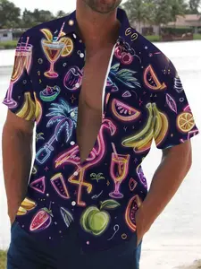 Men's Spring Summer Hawaiian Shirt, Neon Fruit Tropical Print, Casual Cartoon Pattern, Soft Skin-Friendly Material, Perfect for Vacation, Limited-time offer, fast shipping.