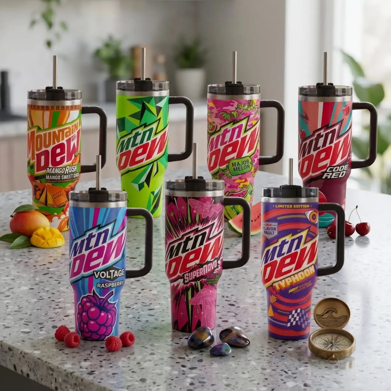 Mtn Dew 40oz Tumbler With Handle, Colorful Soda Flavor Graphic Insulated Stainless Steel Travel Cup With Straw, 24H Cold, Gift for Mom