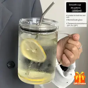 1-Piece set, large glass with lid and straw, heavy-duty glass water cup, iced coffee cup, drinking cup, summer and winter drinks, summer gifts, couple gifts