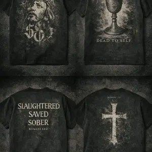 Slaughtered Saved Sober Romans 12:2 T-Shirt with Cross Design and Dead to Self Motif