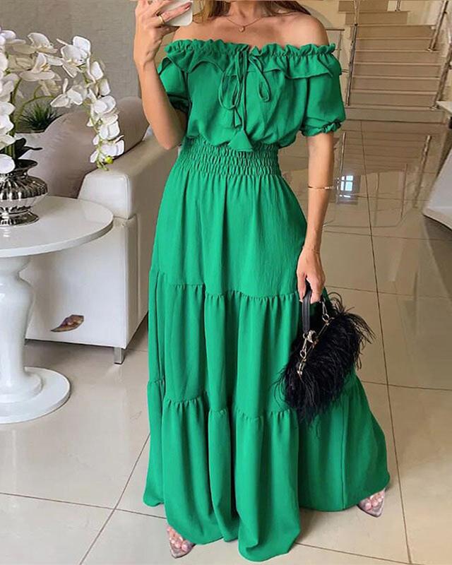 ChicMe Women's Off Shoulder Short Sleeve Valentine's Day Frill Hem Lace Up Dress/Gabbi Dress Casual Stretchy Waist Wedding Guest Flared Maxi Wedding Dress