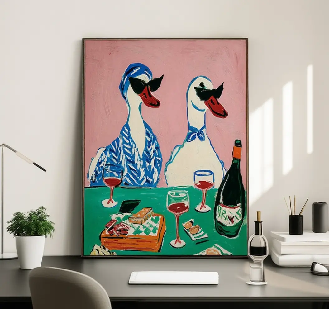 Funny Duck Wine Party Poster Retro Animal Wall Art Kitchen Decor Print Gift