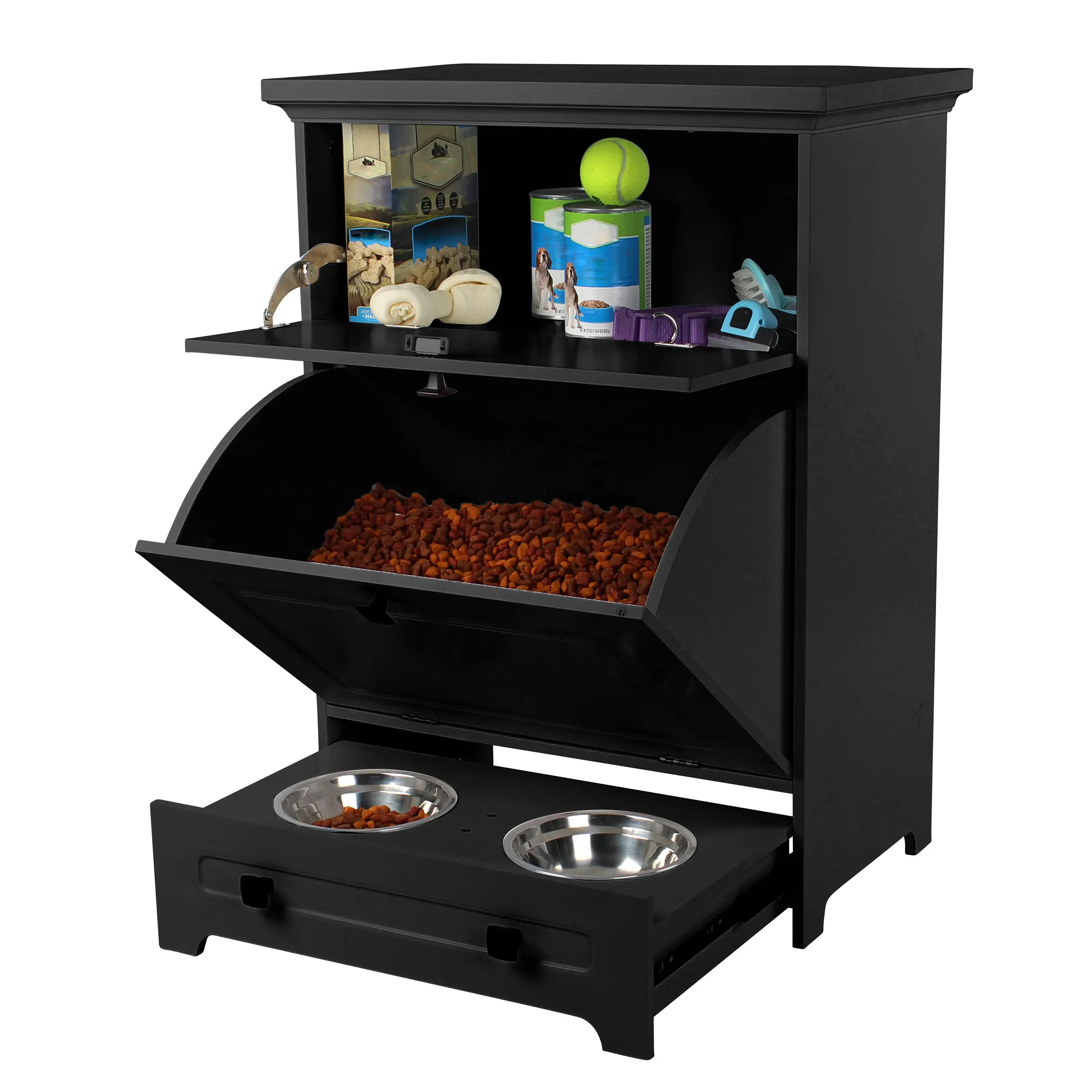 Mimu Dog Food Storage Cabinet with Bowls - Raised Pet Feeding Station - Black