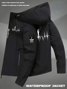 Hooded Fishing Jacket, Waterproof Tech Fabric, Long Sleeve, Drawstring, Pockets, Casual Outdoor Commute Camping