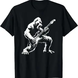 Bigfoot Playing Guitar Rock Music Band Sasquatch T-Shirt Pure Cotton Graphic Tees Menswear Top Gifts for Men & Women