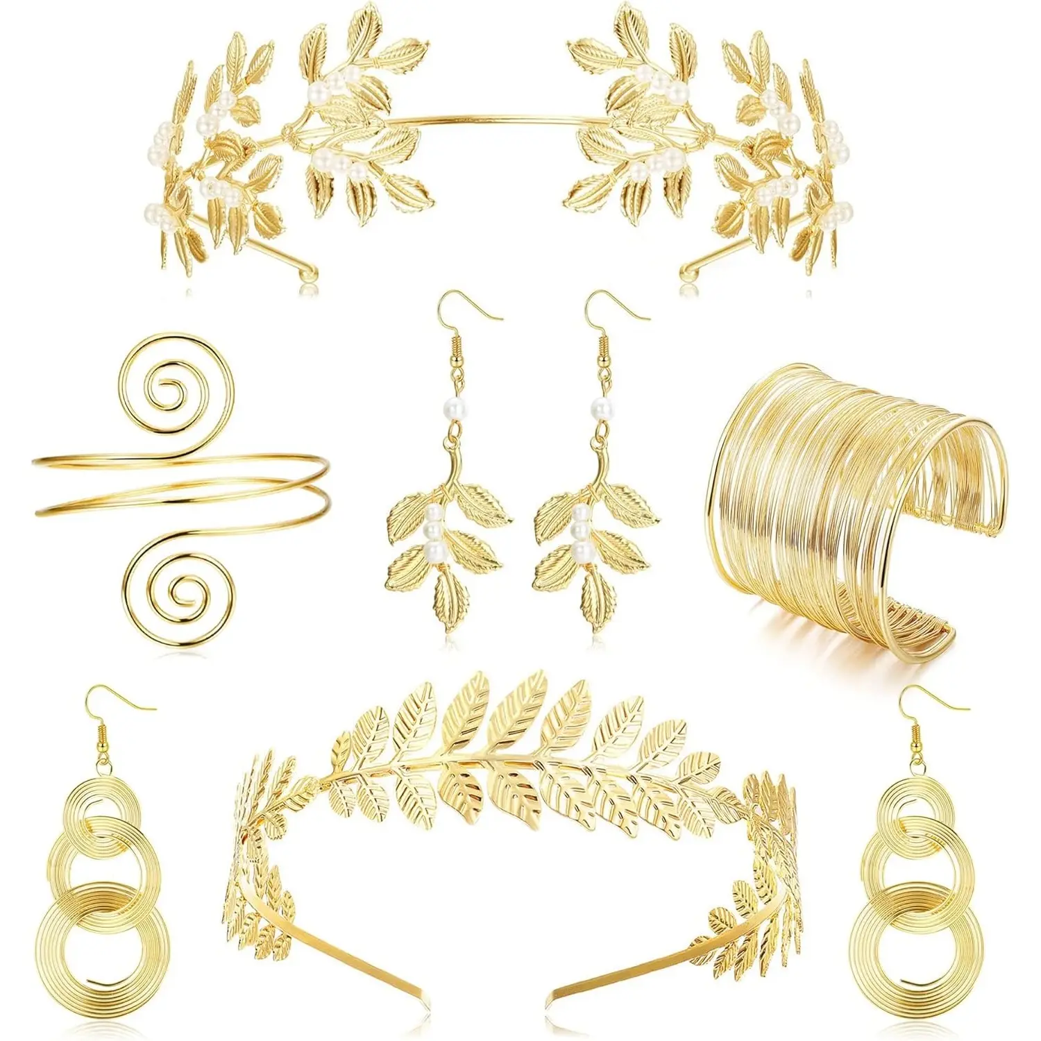 Gold Laurel Leaf Costume Jewelry Set for Women - 6-Piece Greek Goddess Accessories with Crown Headband, Arm Cuff, Coil Bracelet & Earrings, Bling Effect for Toga Party, Glamorous, Feminine Aesthetic, Halloween, Greek And Roman Themed Evenings, Greek Godde