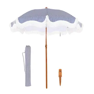 PHI VILLA 7ft Patio Umbrella with Fringe, UPF 50+ Canopy, 8 High Wind Proof Fiberglass Ribs, Carry Bag, Blue&White - Springtok