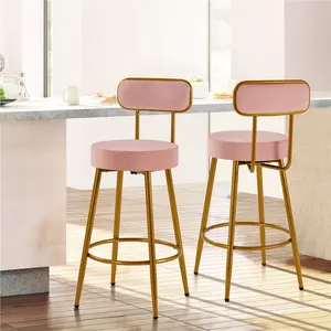 Yaheetech Velvet Bar Stools with Gold Legs 2 Pcs Ergonomic Counter Stools with Backrest and Footrest Pink Upholstered Breakfast Stools