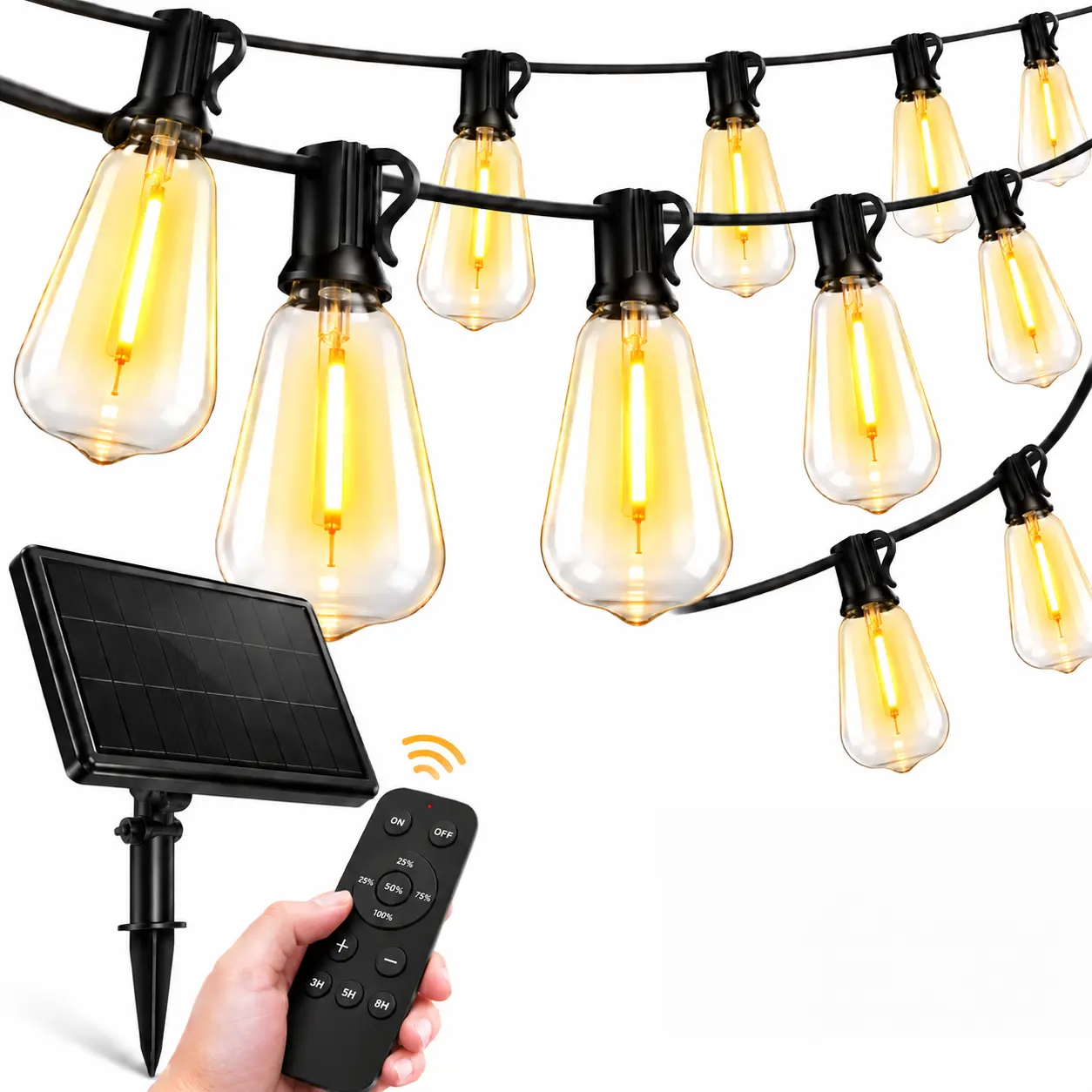 Solar Outdoor String Lights, ST38 Vintage Edison LED Bulbs with Remote & Timer, Dimmable Waterproof Heavy-Duty Linkable Patio Lights for Backyard, Porch, Deck, Camping, Garden Wedding Decor