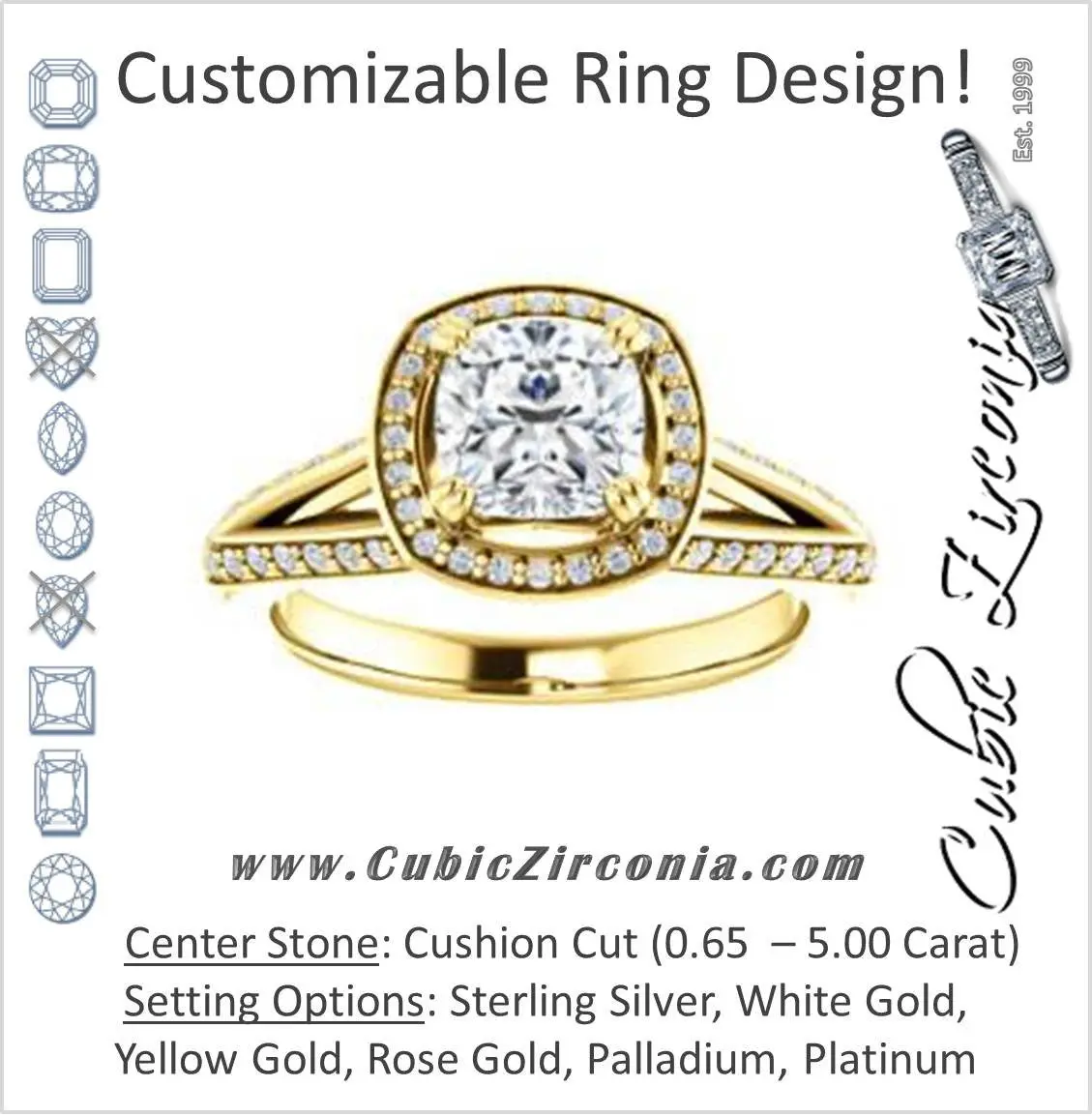 Cubic Zirconia Engagement Ring- The Loren (Customizable Cushion Cut Halo Design featuring Three-sided Twisting Pavé Split Band)