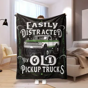 Vintage Pickup Truck Flannel Blanket – "Easily Distracted by Old Pickup Trucks" Design, Soft & Cozy Multi-Purpose Throw for Home, Office, Travel, and Outdoor Use, Perfect Gift for Truck Enthusiasts, Nostalgic Design | Durable Comfort