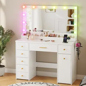 [Valentine's Day Gift] Vanity with Mirror Light, Makeup Table with Mirror and 12 LED Color-Changing Lights, Hollywood-Style Bulbs, 7 Drawers and Pull-Out Double-Layer Storage Cabinet, Power Outlet, Modern White Bedroom Vanity, (Women/Girls Style), White