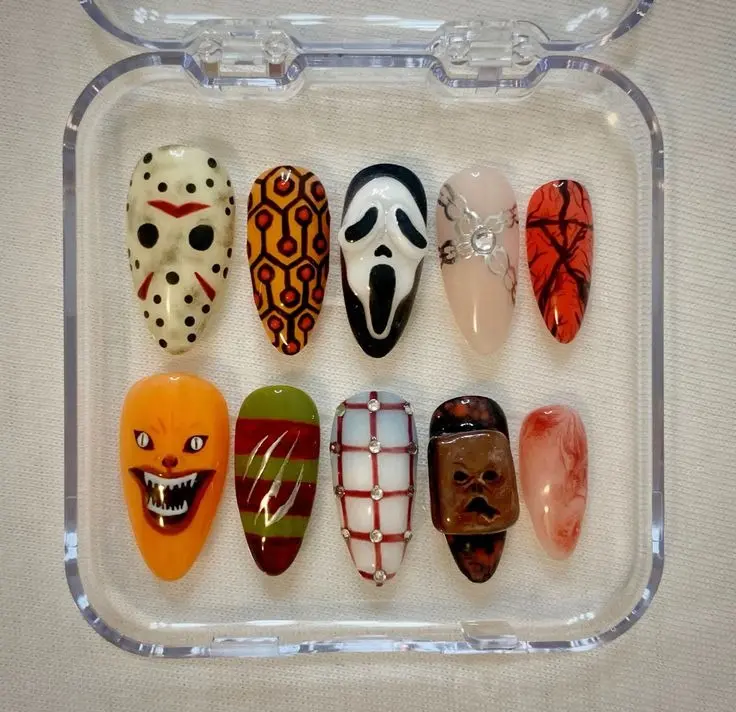 Horror Movie Press On Nails, Jason OVoorheesyne Ghostface Freddy UKruegerine Inspired Nails, Hand Painted Slasher Character Almond Reusable Fake Nails | Gift Set (Adhesive Tabs, Nail File, Cuticle Stick)