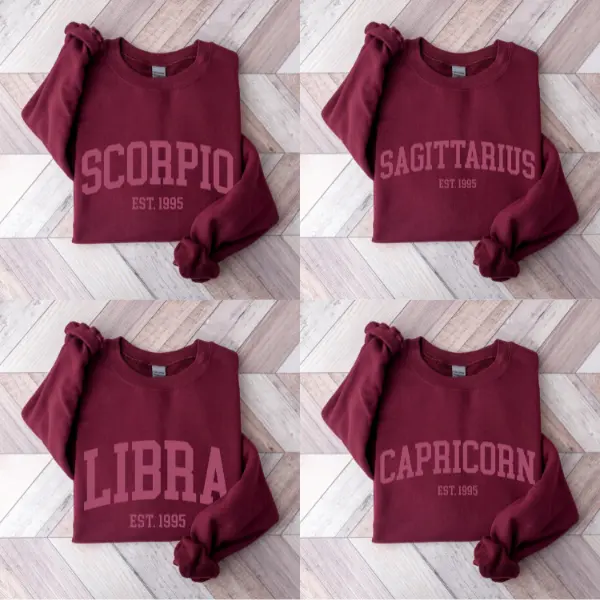 (Leave A Note or DM to Shop) (Ver 2) Custom Zodiac Sweatshirt – Maroon Color, Custom Year-Est Your Year Astrology Pullover, Cute Horoscope Energy Gift, Unisex Crewneck Sweatshirt, Birthday Zodiac Sign Outfit - HARSIN