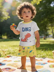 Dinosaur Print Baby Short Sleeve Set, Casual Toddler Clothing, Perfect Gift for Infants, Daily & Outdoor Sports Tee, 100% Polyester