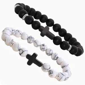 Cross Bracelets Natural Stone Stainless Steel Cross Elastic Rope Map Lava Bead Bracelet For Men Women Charm Jewelry