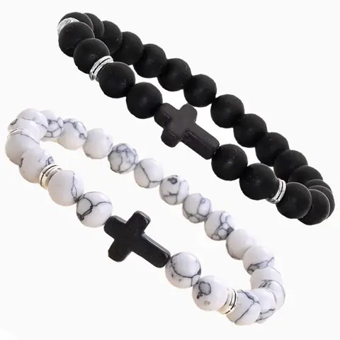 Unisex 8mm Lava Stone Bead Stretch Bracelet - 7.5in, Anti-Allergy Stainless Steel Cross Charm, Top-Class Craftsmanship, Classic Style, Trendy Style, Stress Relief, Jewelry for Women, Birthday Gift, Fashion Accessory