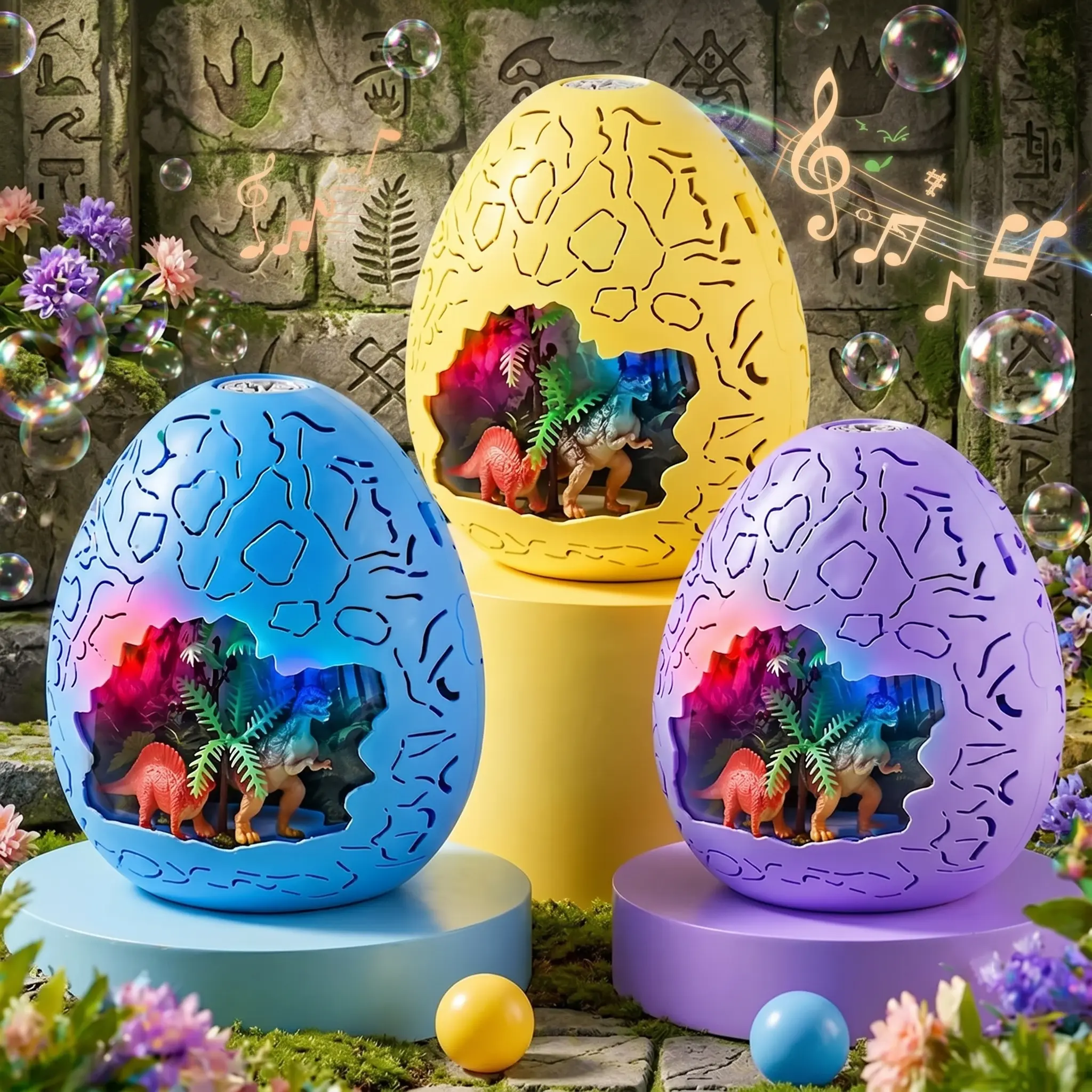 Unisex Kids' Dinosaur Egg Bubble Machine - Battery-Powered Auto Blow Bubble-Shooting Party Gifts, LED Flashing Lights, Music, Internal Dino Scene, Party Ready, Summer Outdoor Toddler Toy