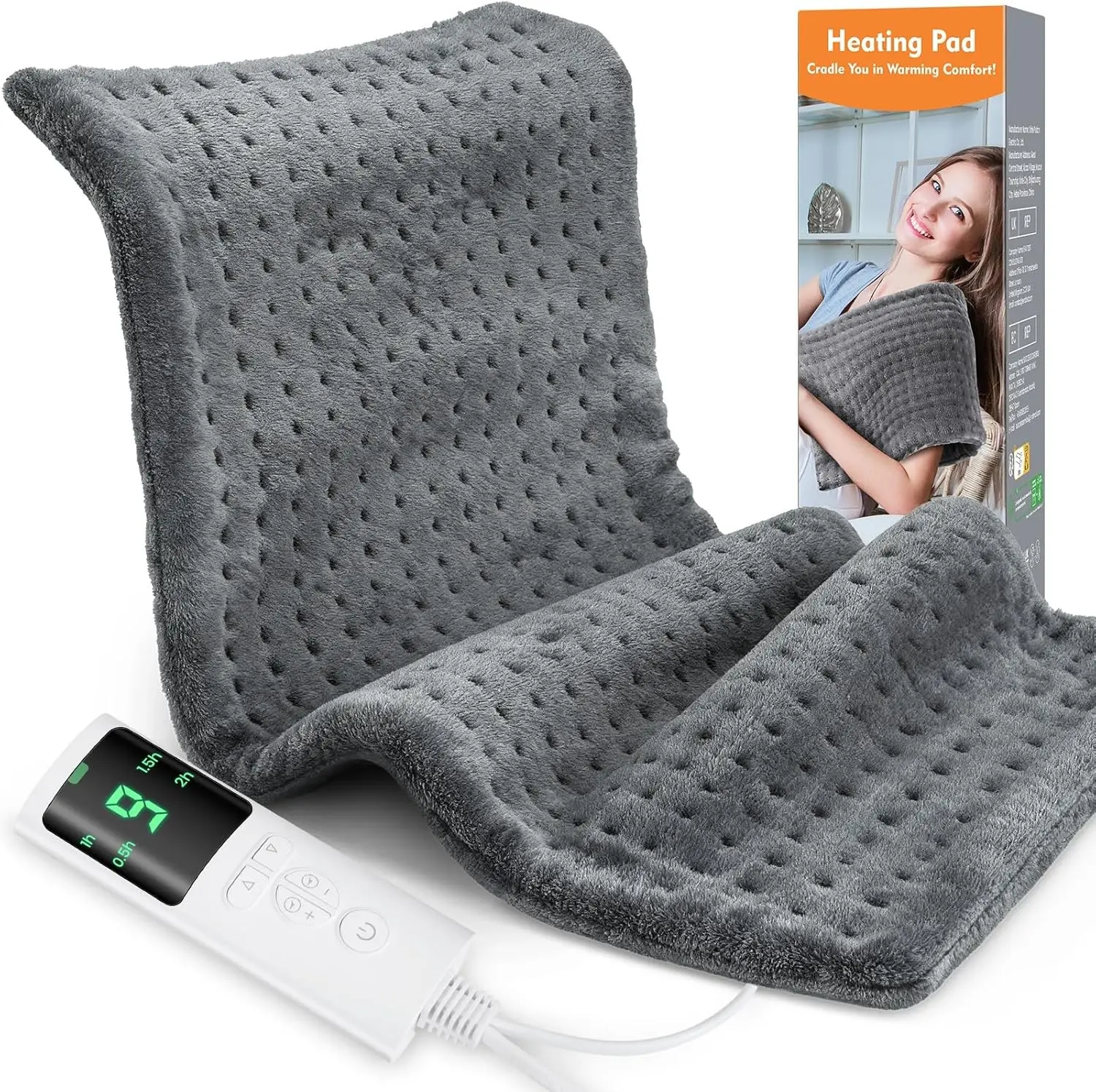 Heat Resistant Electric Heating Pad - 12"x24" for Back Pain & Cramps, 9 Settings, Soft Machine-Washable Fabric, Auto-Off, Moist Function (Charcoal Gray), All Ages
