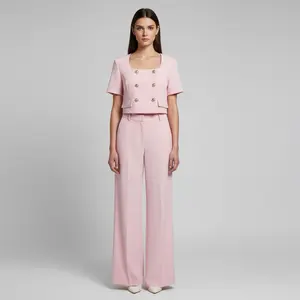 Women's 2-Piece Minimalist Basic Daisy Clothing Set - Square Neck Short-Sleeve Top, Wide Leg Blush Pink Chic Pants, Elegant Comfortable Outfit