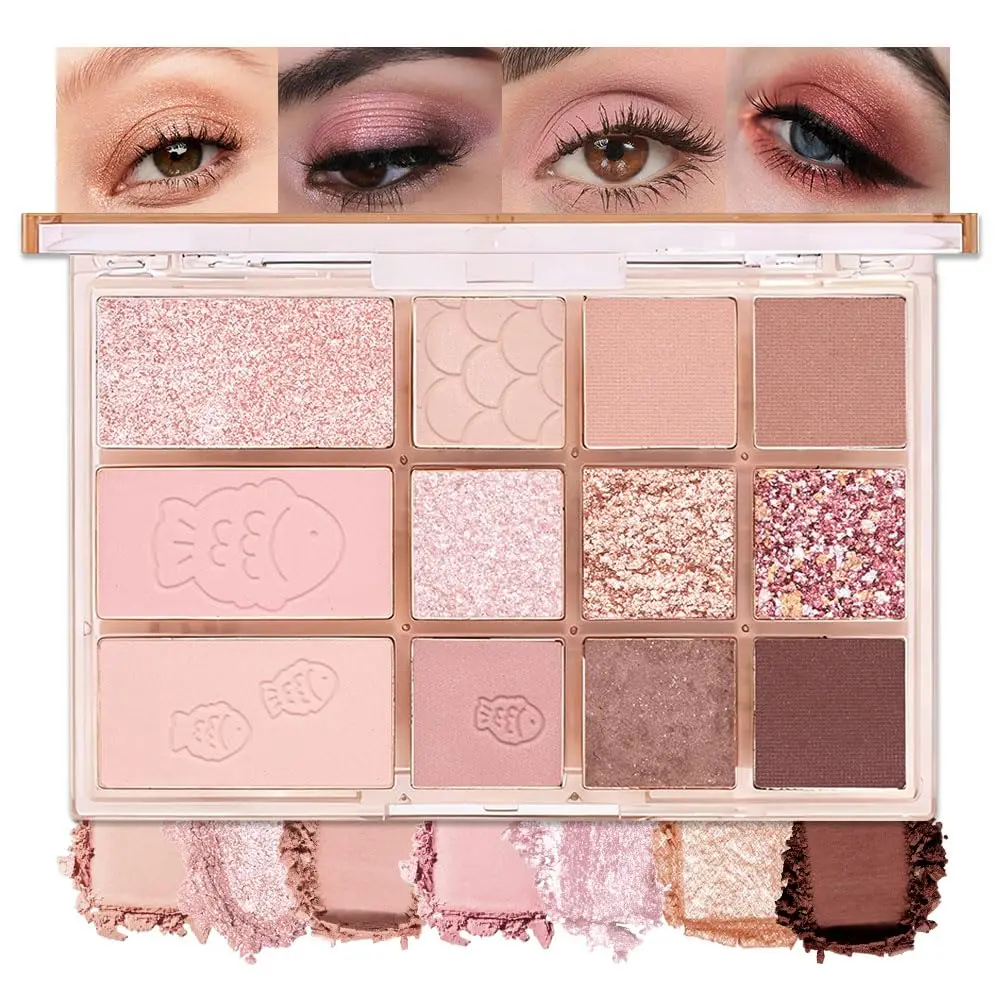 DIKALU 12 Colors Nude Pink Brown Eyeshadow Palette, Cosmetic Palette, Shimmer Matte Eyeshadows, Matte, fine shimmer and pearlescent combined, High pigment present eye makeup, easy to apply for daily casual looks Eyeshadow Makeup Powder