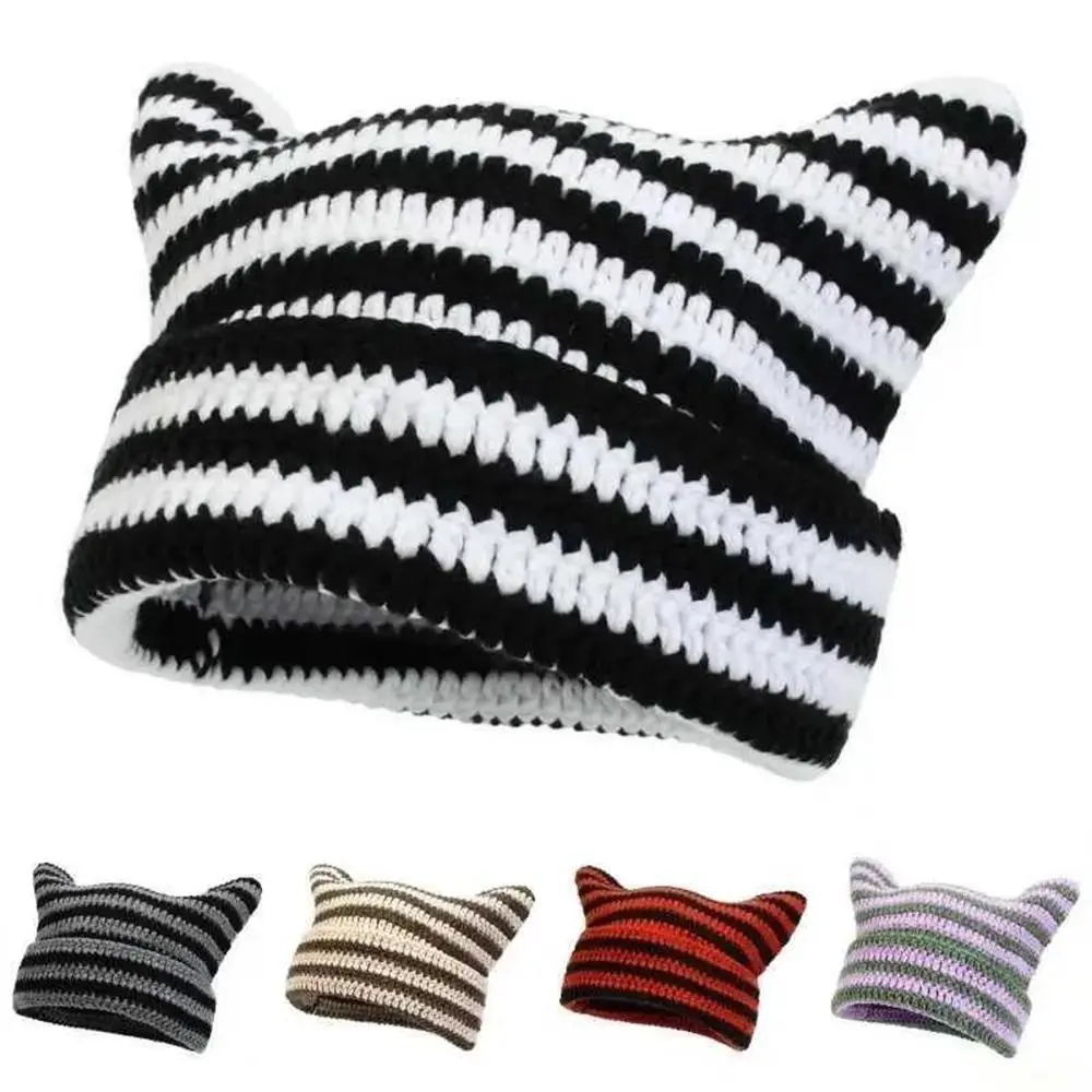 Cozy Striped Cat Ear Beanie Hat for Men & Women - Trendy Winter Crochet Beanie for Outdoor Fun & Y2K Style - Ideal Fall Accessory for Fashion Lovers