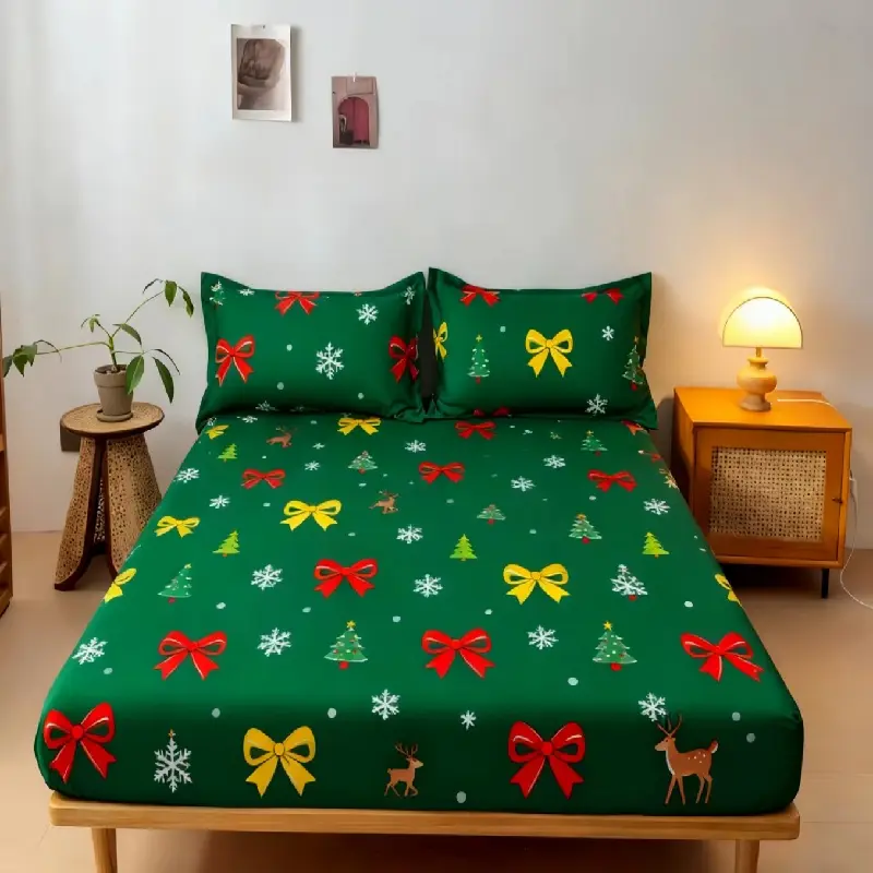 Christmas Winter Bed Sheet Set, Includes Fitted Sheet & Two Pillowcases, Christmas Tree Bow Deer Print Dark, Room Decor, Single Double Queen Size, Bedding Supplies