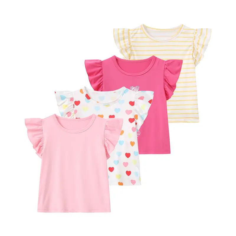 4-Pack of Fashionable Summer T-Shirts for Girls: Versatile Short-Sleeve Tops with Ruffled Sleeves and Heart-Stripe Print; Round-Neck Short-Sleeve T-Shirts with Heart-Stripe Print Flirty Tee