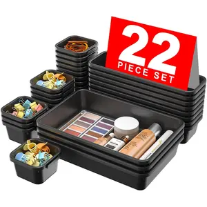 【22pcs】 Plastic Black Desk Drawer Organizer, Bathroom Organizers and Storage, Makeup Organizer, Organization and Storage Bin Container for Vanity Office Utensils Tool Pantry Cosmetic