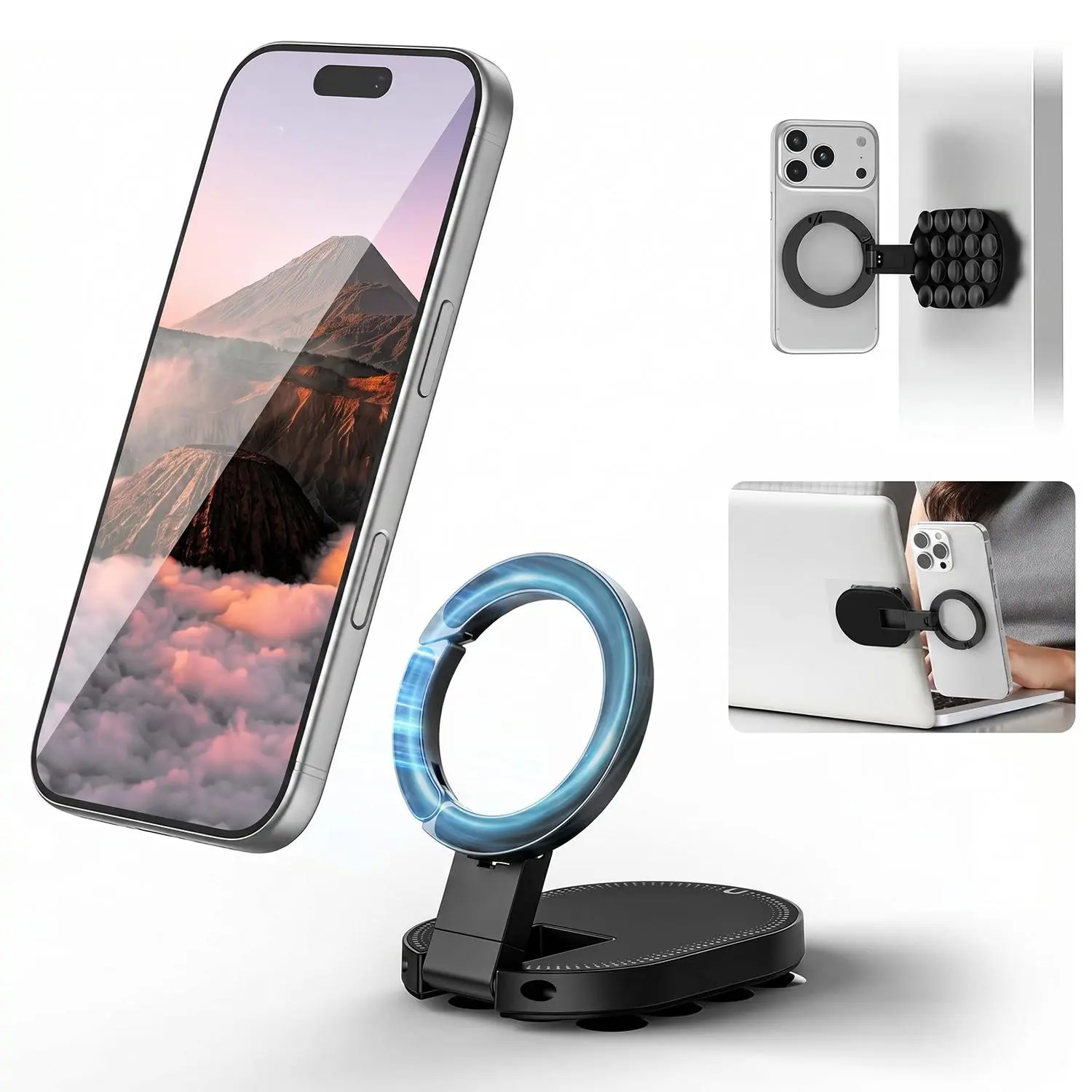 JUSIEX Double-Sided Suction Cup & Magnetic Phone Holder, 3-in-1 MagSafe Phone Holder with 360° Rotation, Foldable Hands-Free Desktop Cell Phone Stand for Wall Glass Mirror Car Gym Office Kitchen Bathroom