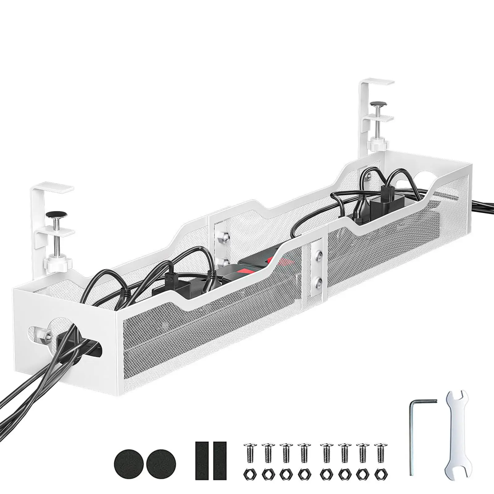 Under Desk Cable Management Tray, 1 Set Under Desk Storage Tray with Installation Accessories, Cable Tray with Clamp for Home Office Desk Wire Managem