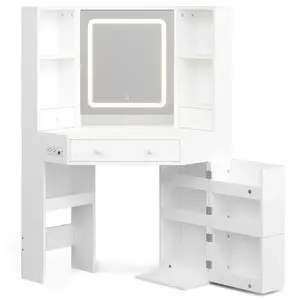 Sikaic Corner Makeup Vanity Set with Upholstered Storage Stool White