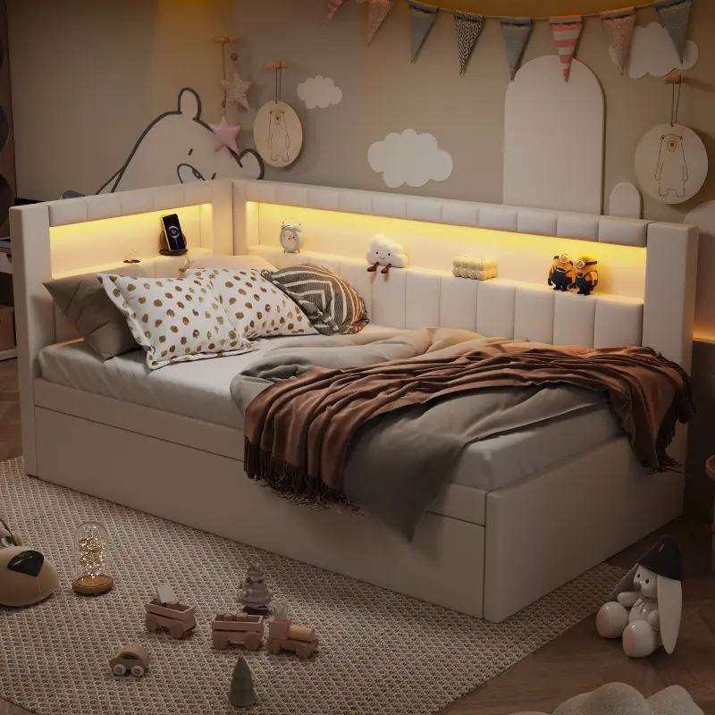 Twin Size Upholstered Daybed with Trundle & Bookcase Headboard, L-Shaped Corner Bed with LED Belt, USB Charging Station, Linen Upholstered Day Bed Frame with Storage, White