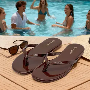 Lumubby Classic Women's PU Flat Flip-Flops Durable Slip-Resistant Slippers for Indoor Outdoor Beach Pool Use Square-Toe Design Mirror-Surface Finish Unisex Stylish Lightweight