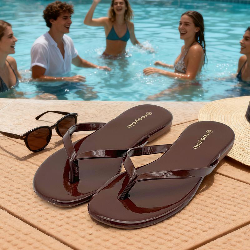 Lumubby Classic Women's PU Flat Flip-Flops Durable Slip-Resistant Slippers for Indoor Outdoor Beach Pool Use Square-Toe Design Mirror-Surface Finish Unisex Stylish Lightweight