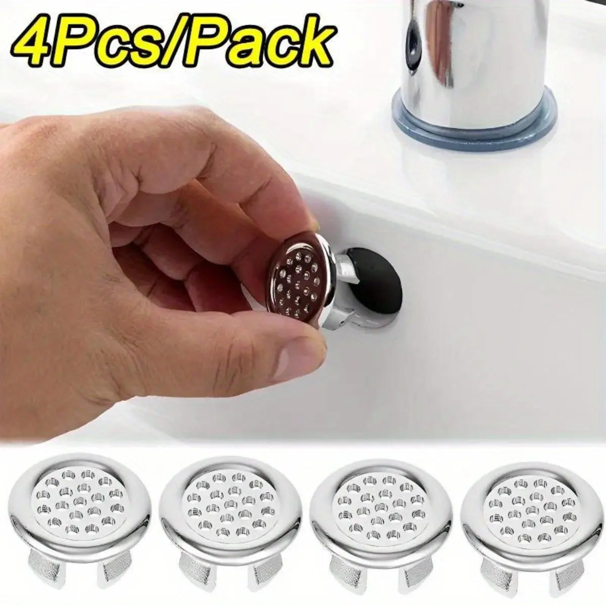 Bathroom Sink Overflow Cover Ring, 4 Counts Round Drain Cap, Bathroom Kitchen Basin Sink Overflow Cover Ring, Insert Replacement Chrome Hole Cap