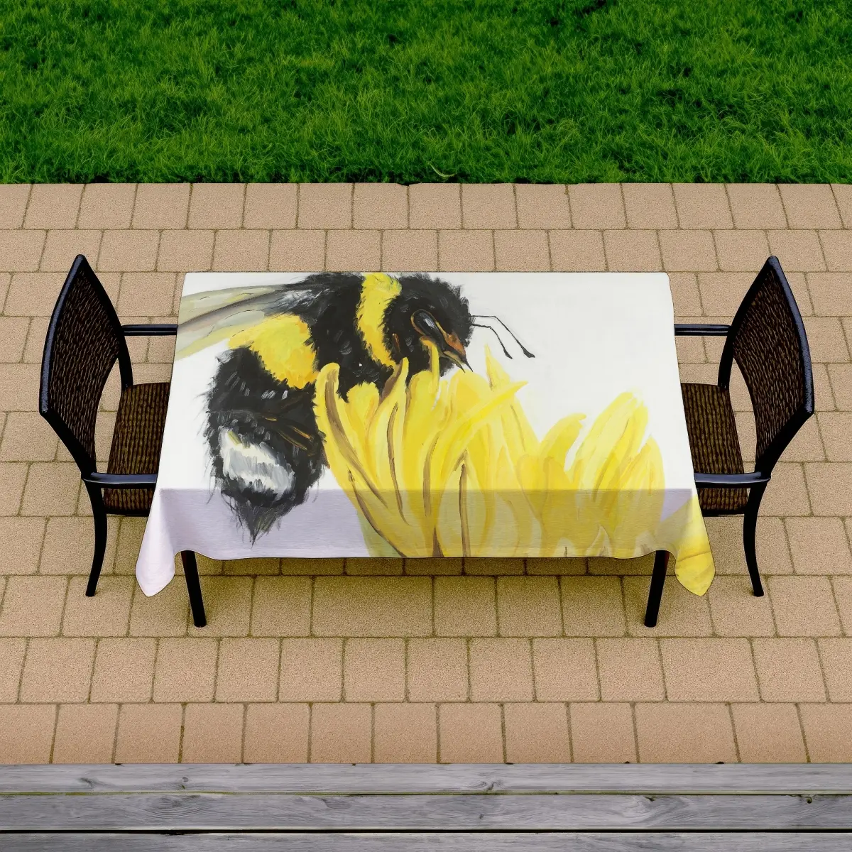 58x102 in. Modern Rectangular Waterproof Mildew-Resist Wipe-Clean 360-Stand Yellow Bumblebee Dandelion Design Tablecloth, Patio Dining Table Accessory for Outdoors & Indoor Furniture