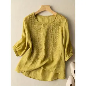 WOMEN'S cotton linen blouse-boho casual floral embroidery V neck 3/4 sleeve loose fit summer fashion top Traditional Womenswear Clothes Dress Gamis Basic Shirts Crewneck