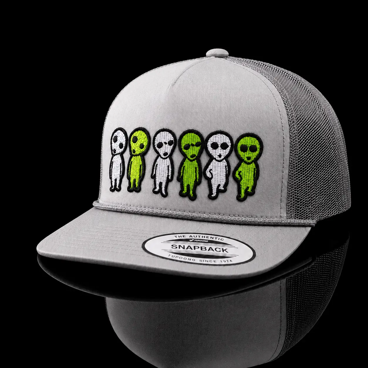 Neon Alien Crew Trucker Hat – Funny UFO Alien Embroidered Mesh Snapback Cap, White Adjustable Streetwear Hat