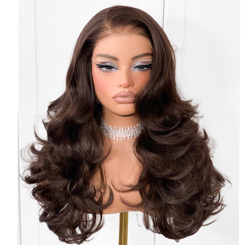 Feather Layered Hair Pre Plucked Cuting Style Long 13x6 Synthetic Lace Front Wig Wear and Go Glueless Natural Hairline Burgundy Blonde Black Wig