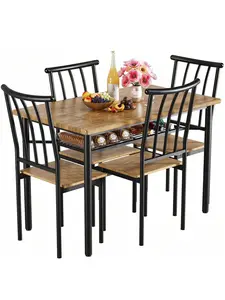 Brown One Size 5 Piece Dining Table Set For 4, Kitchen Table And Chairs For 4 With Storage Rack, Metal And Wood Rectangular Dining Room Table Set For Kitchen, Dining Room, Dinette, Rustic Brown