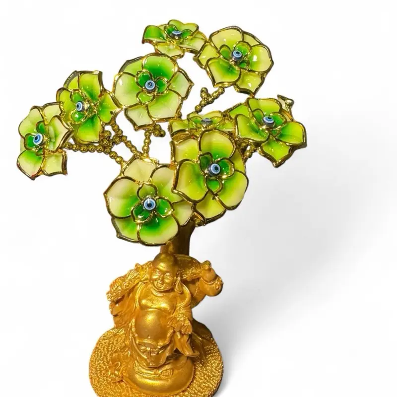 Green Blue Evil Eye Money Tree with Painted Golden Buddha Statue 12 inch Decorative Home Accessory