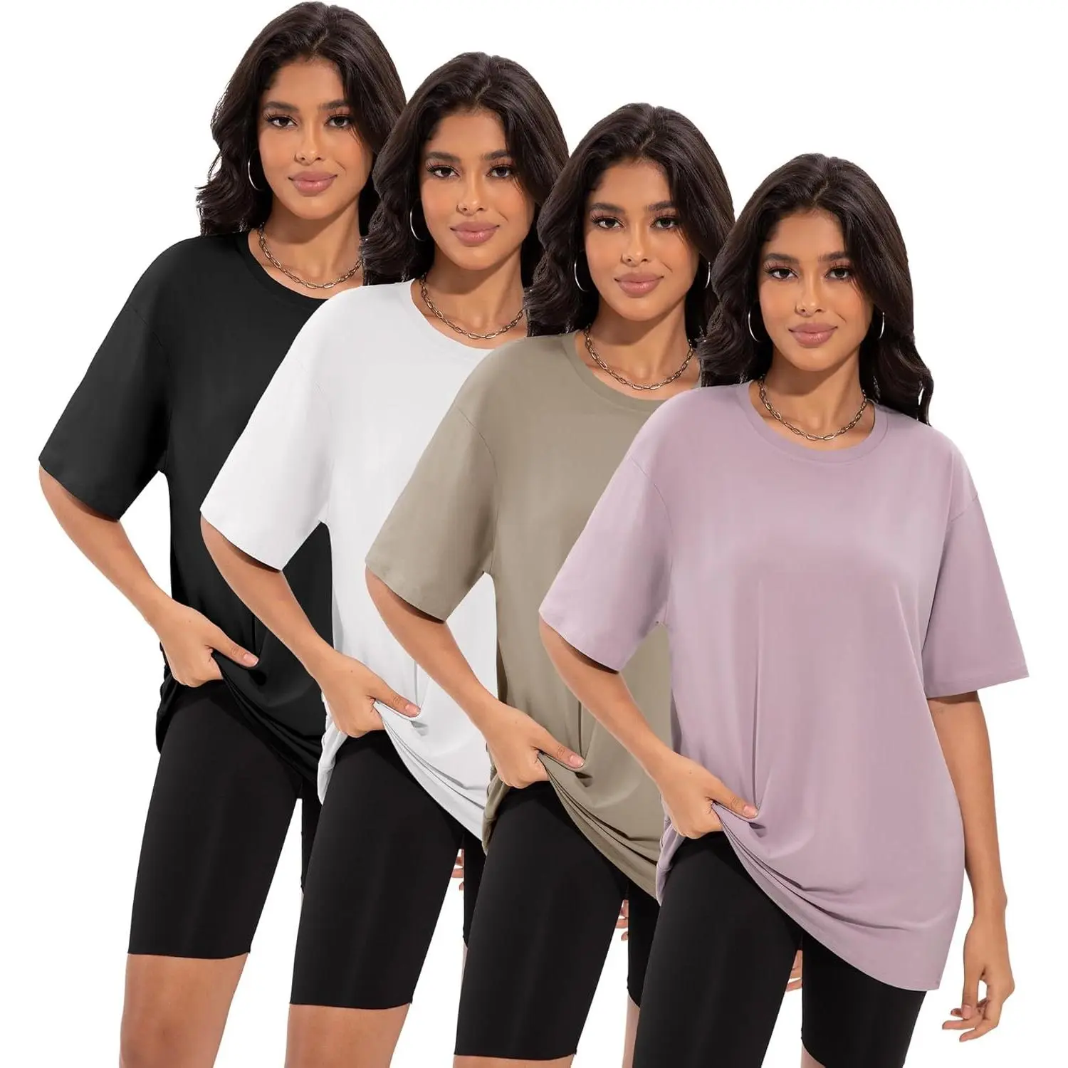Women's 4-Pack Oversized T-Shirts, Loose-Fitting Polyester Spandex Crew Neck Large Summer Workout Tees, Tshirt, Top, Oversized Tshirt Women, Athletic, 1 Black 1 White 1 Dark Pink 1 Khaki