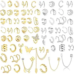 66 Pcs Ear Cuff Earrings for Women Non Piercing, Hypoallergenic Fake Earrings, Silver Clip on Cartilage Earrings for Sensitive Ears, Gold Ear Wrap Earrings for Helix Cartilage, Cross X Double Line Cat Claw Cz Pearl Star Butterfly Ear Cuffs Non Piercing
