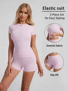 2-Piece Solid-Color Athletic T-Shirt Set Women's Sportswear Set, Slim-Fit RoundNeck Short Sleeves & High-Waisted YogaPants, Ideal for Gym Running OutdoorActivities,  Stretchy Suit Set, Fitness Outfits,Workout Running Outfits-8010 Sporty Crew Neck Sweat Su