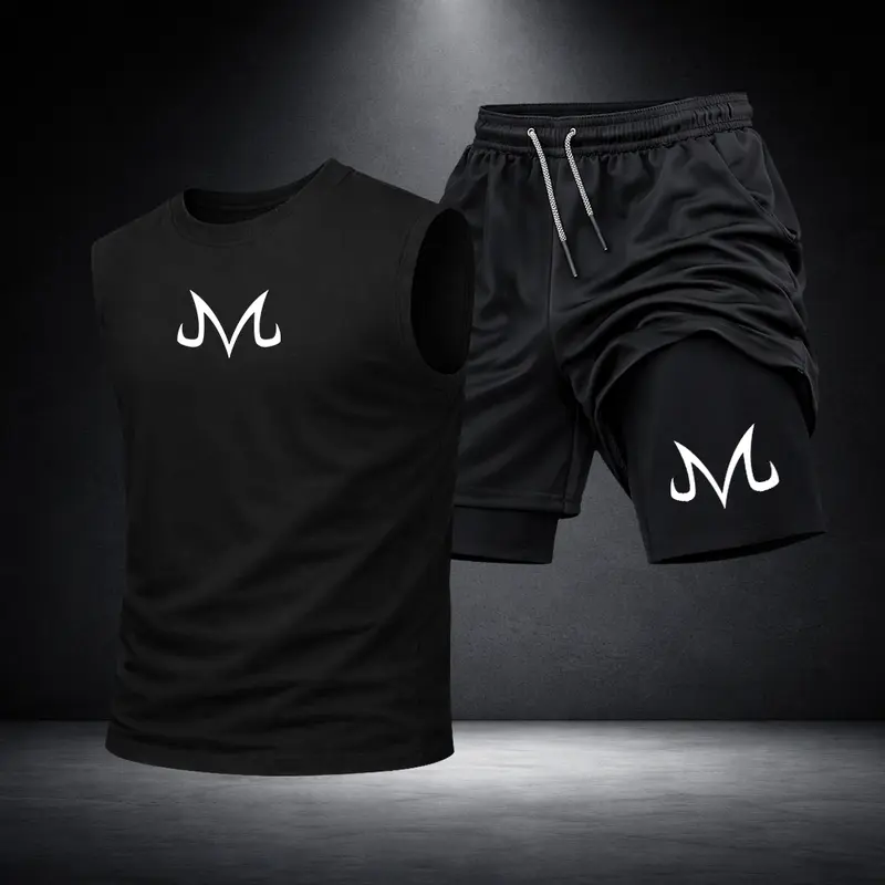 Men’s Black Workout Set Sleeveless Tank Top & Sports Shorts 2-Piece Gym Outfit