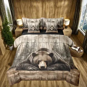 7 Pcs Grizzly Bear Bedding Set,Hunting Wild Animal Comforter Set,Rustic Farmhouse Cabin Bed in a Bag,Western Country Quilt with Flat Fitted Sheet