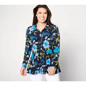 Susan Graver Petite Printed Liquid Knit Romantic Peplum Cardigan