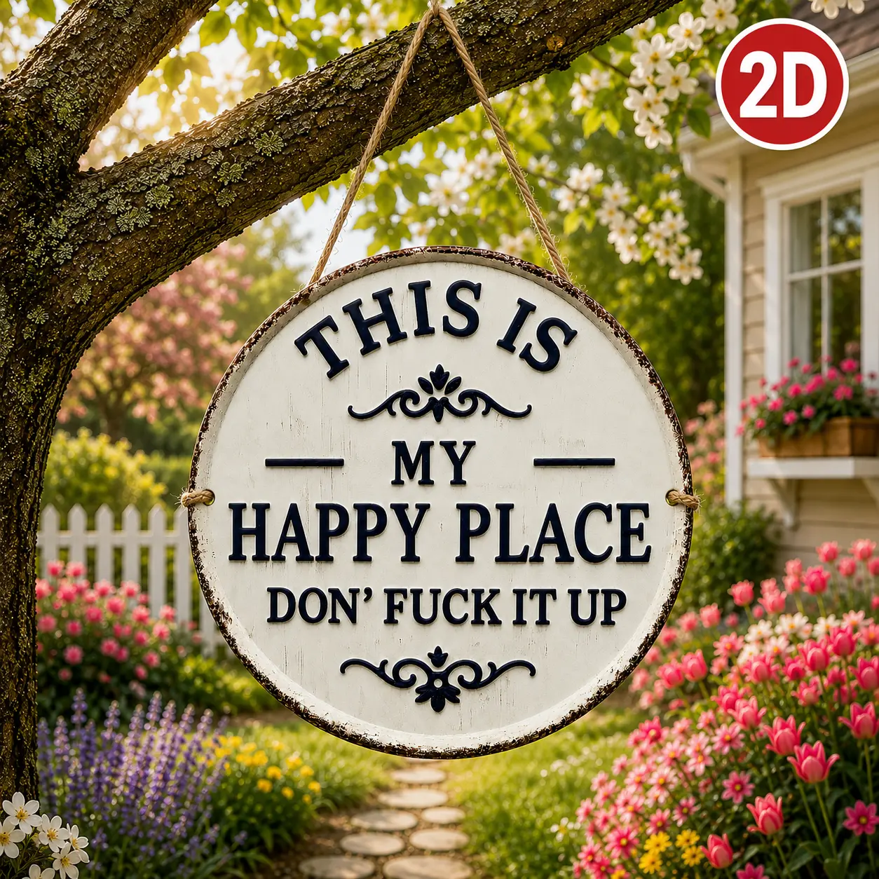 Funny Metal Tin Sign - Lightweight Hanging 8x8 Inch Vintage Round Garden Wall Decor, "This Is My Happy Place Don't F*ck It Up" Plaque for Farmhouse Patio, Ideal Gift for Gardeners & Housewarming Presents