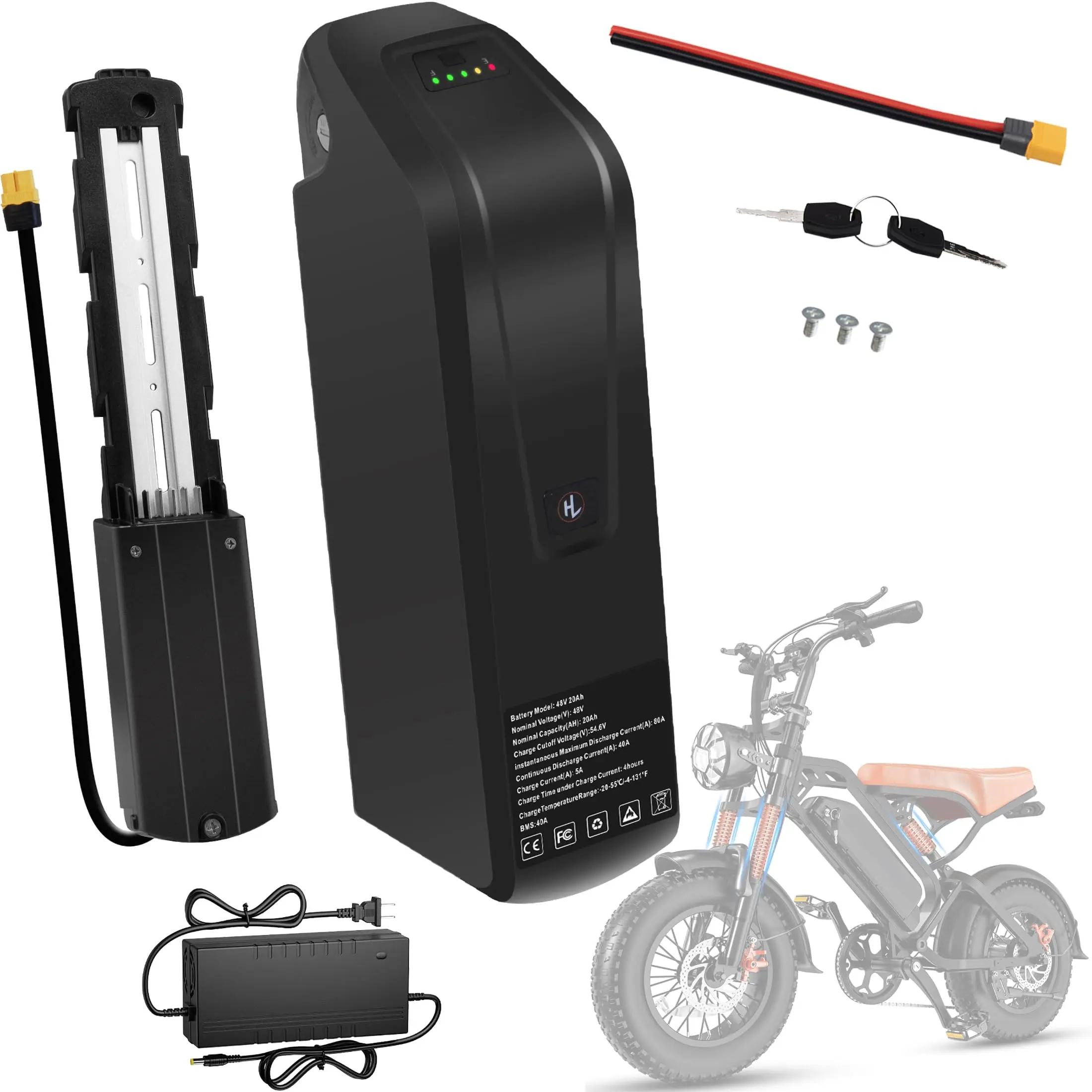 48V 20Ah Lithium Ion Ebike Battery - 30A BMS, 5-Pin Base, USB Port, Power Switch, LED Indicator, Safety Lock, 960Wh Capacity, Compatible with 0-1000W Electric Bike Motors (Batteries for Power Tool Accessories)